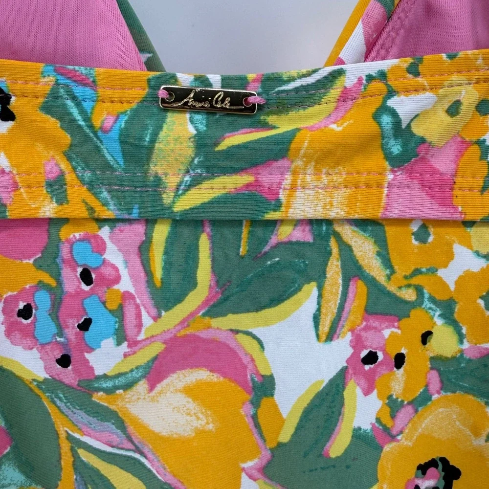 Anne Cole Floral Twist Front Tankini Top Yellow Pink 32C 34B Sweetheart Neckline